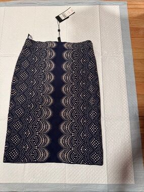 BCBG Navy Lace-Overlay Pencil Skirt